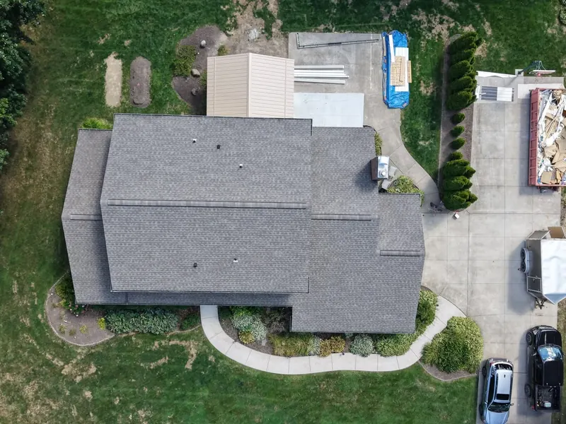 Aerial view of a finished shingle roof