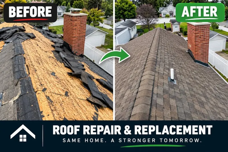 Before and after: a roof stripped to the decking on the left, and the same roof with new shingles on the right